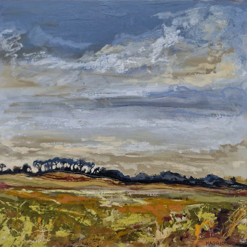 Flat green and ochre fields running to a dark line of trees, beneath a wide sky of grey and cream cloud