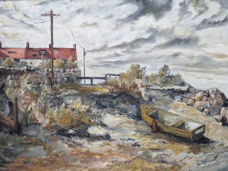 A green rowing boat pulled up on a rough shore track, with red roofed cottages, a telegraph pole and long grasses behind under a grey sky