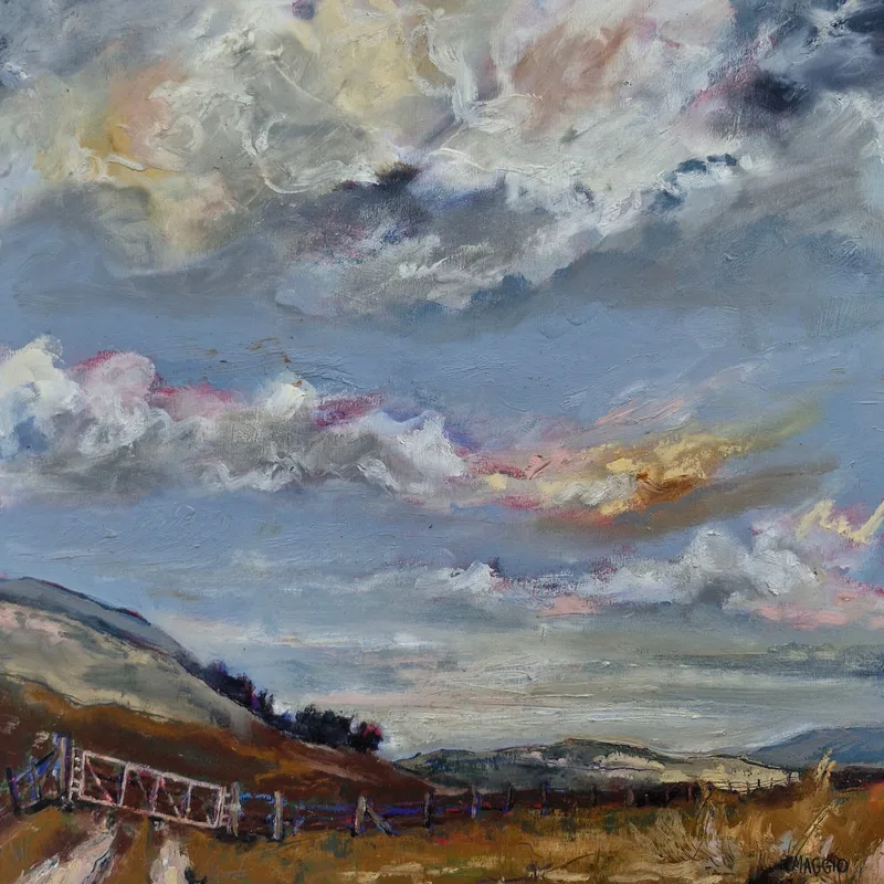 A hillside with a wooden gate and fence, looking out across a valley under a sky of grey, white and golden cloud