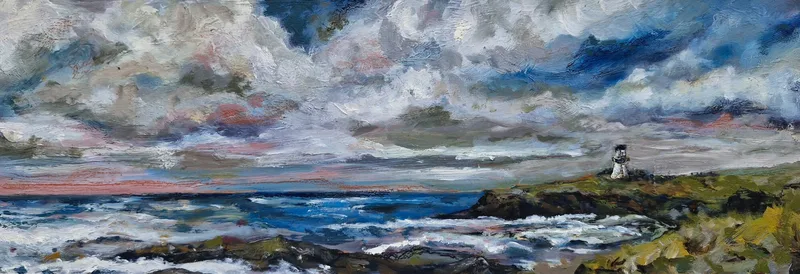 A long narrow painting of a white lighthouse on a green headland, waves breaking on rocks under a dark blue and grey sky