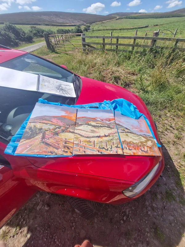 A painting of hills laid on the bonnet of a red car, with the same hills and a fence beyond