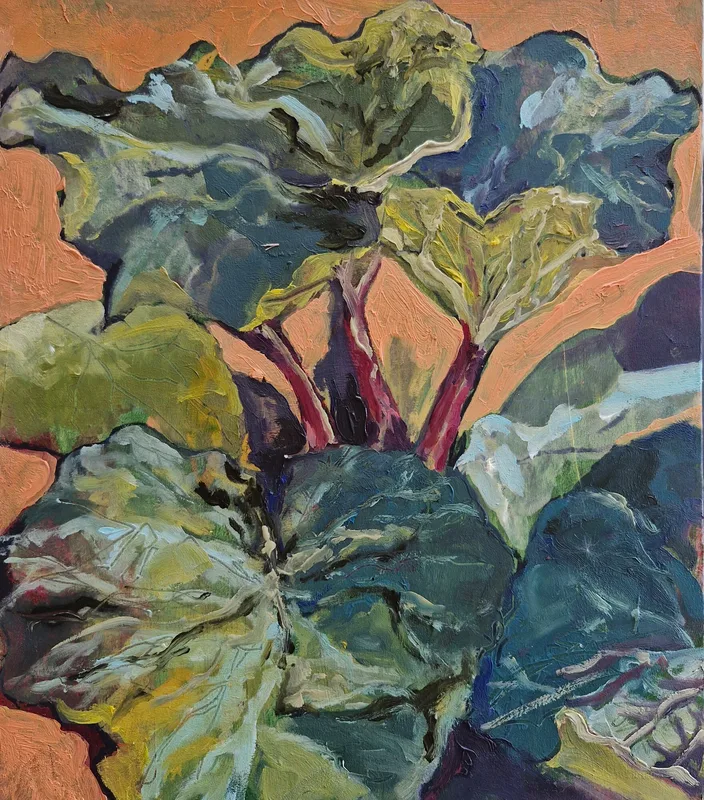 Large green rhubarb leaves on red stalks, painted close up against a bright orange ground