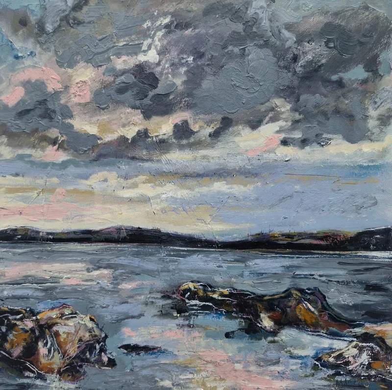 Dark rocks in shallow water reflecting a cloudy sky, a low coastline on the horizon
